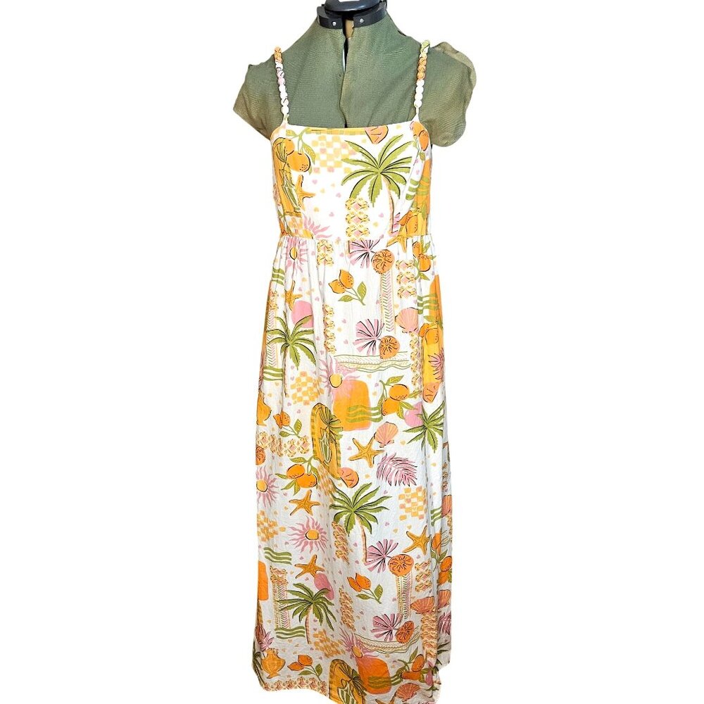 Womans' tropical boho-chic retreat beaded strap smocked maxi summer dress M-L